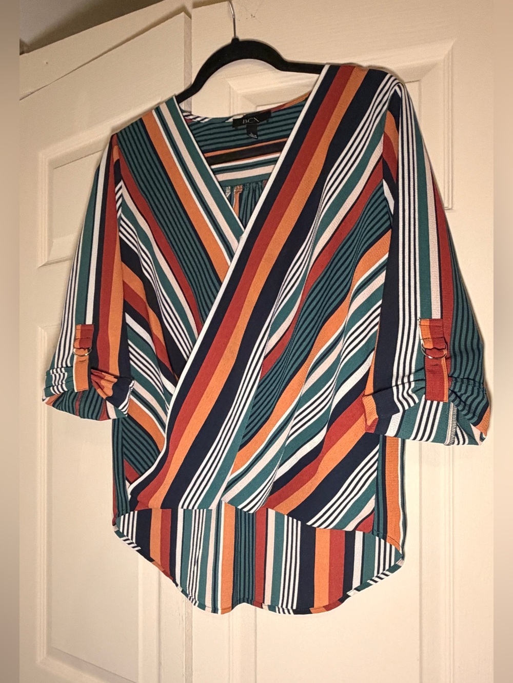 BCX Striped Faux-Wrap Blouse - Teal, Rust, Navy, Cream
